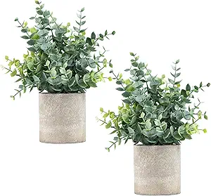 2-Pack Small Fake Eucalyptus Plants in Gray Pulp Pots for Shelf, Desk, Bathroom, and Farmhouse Decor - Sage Green