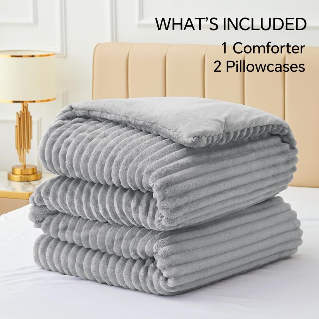 BEDELITE Fleece Queen Comforter Set Light Grey with 2 Pillow Cases