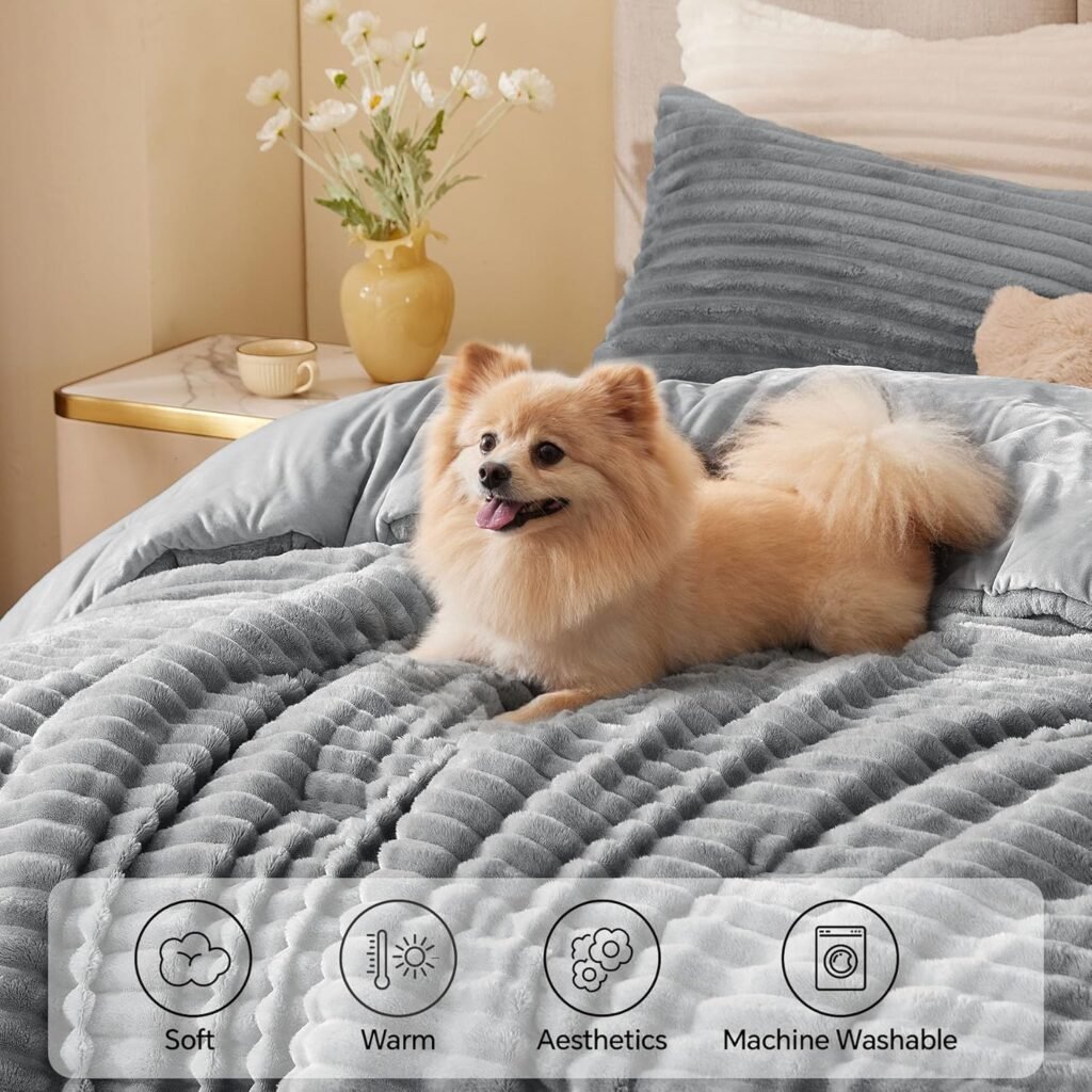 BEDELITE Fleece Queen Comforter Set Light Grey with 2 Pillow Cases