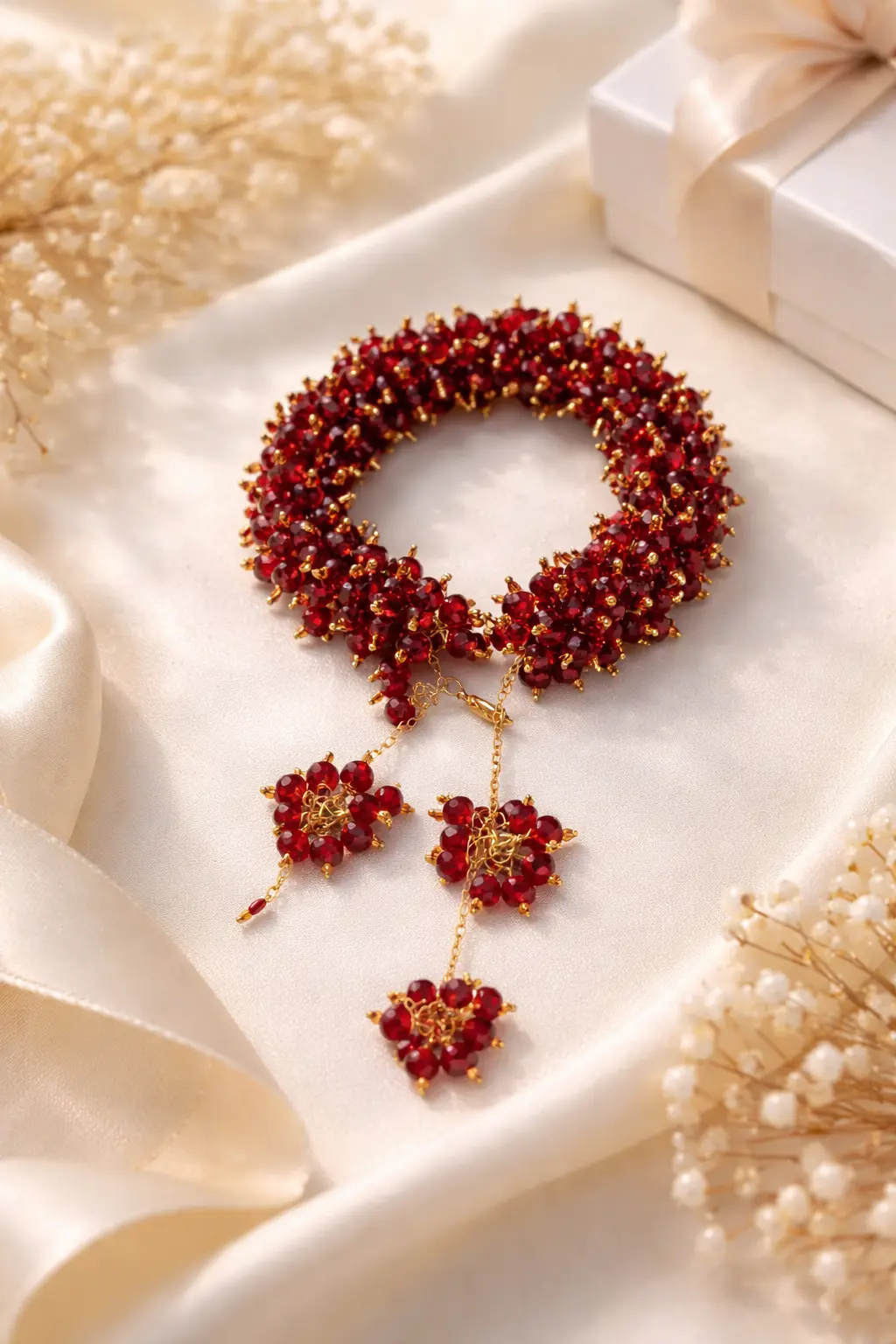 Red crystal gajrah bracelet styled for wedding wear by stay decorative
