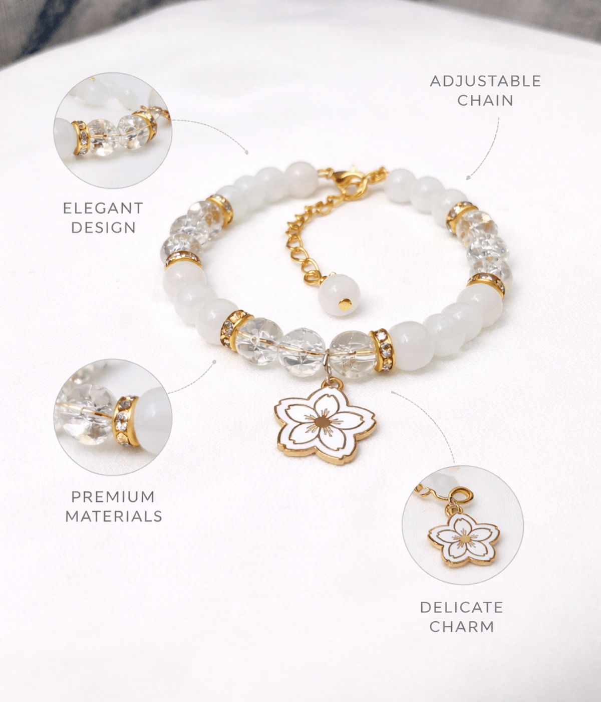 Close up of beads and flower charm bracelet