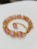 milky pink beads bracelet with gold beads handmade