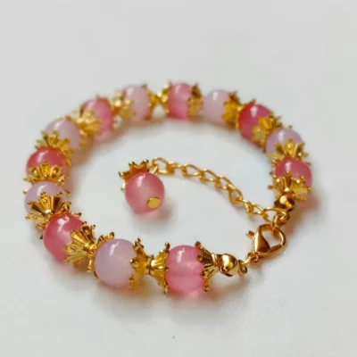 milky pink beads bracelet with gold beads handmade