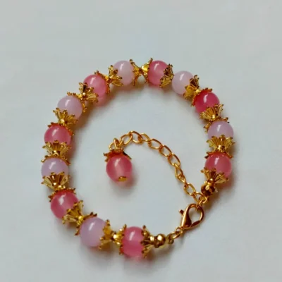 milky pink beads bracelet adjustable gold chain