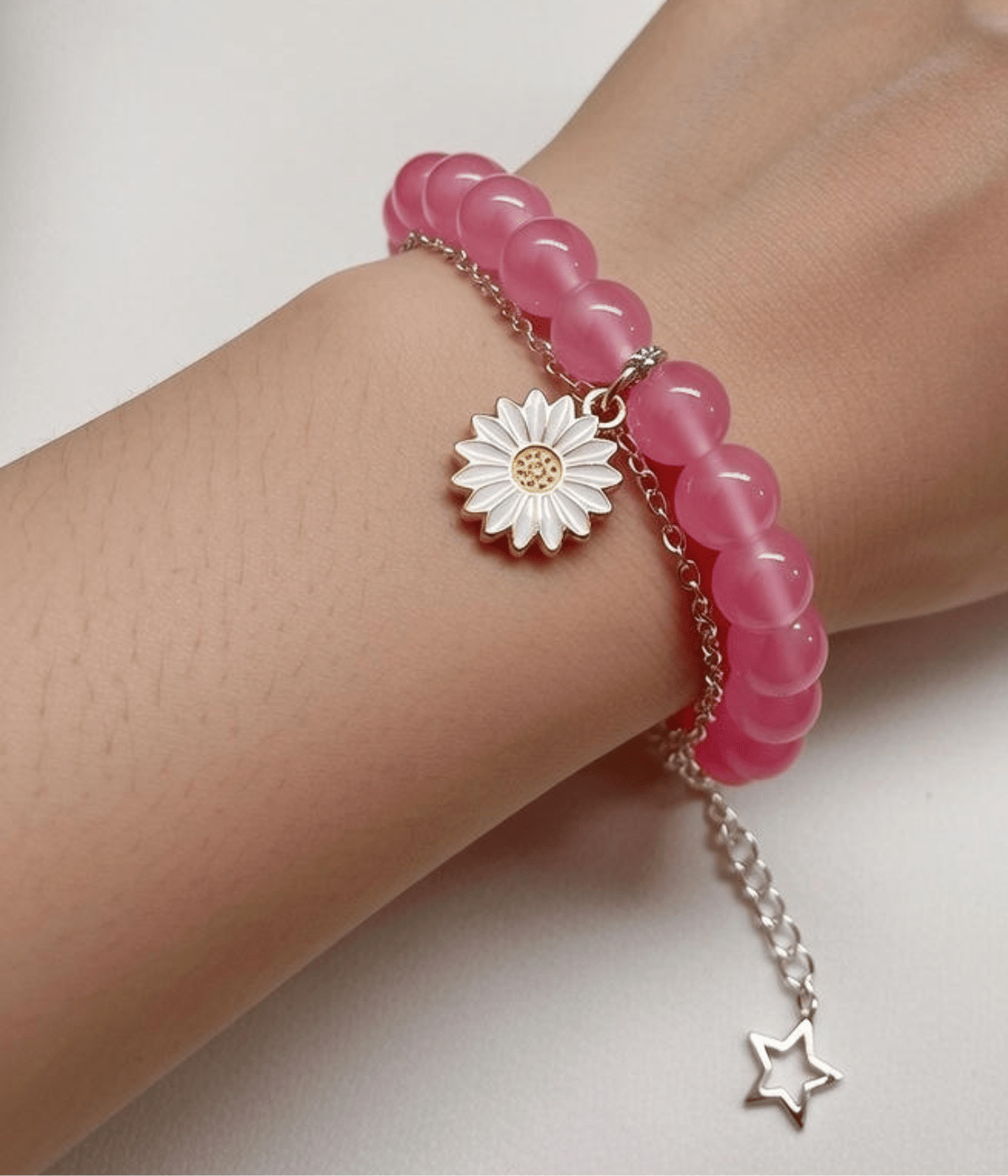 Milky Beads Daisy Bracelet on wrist