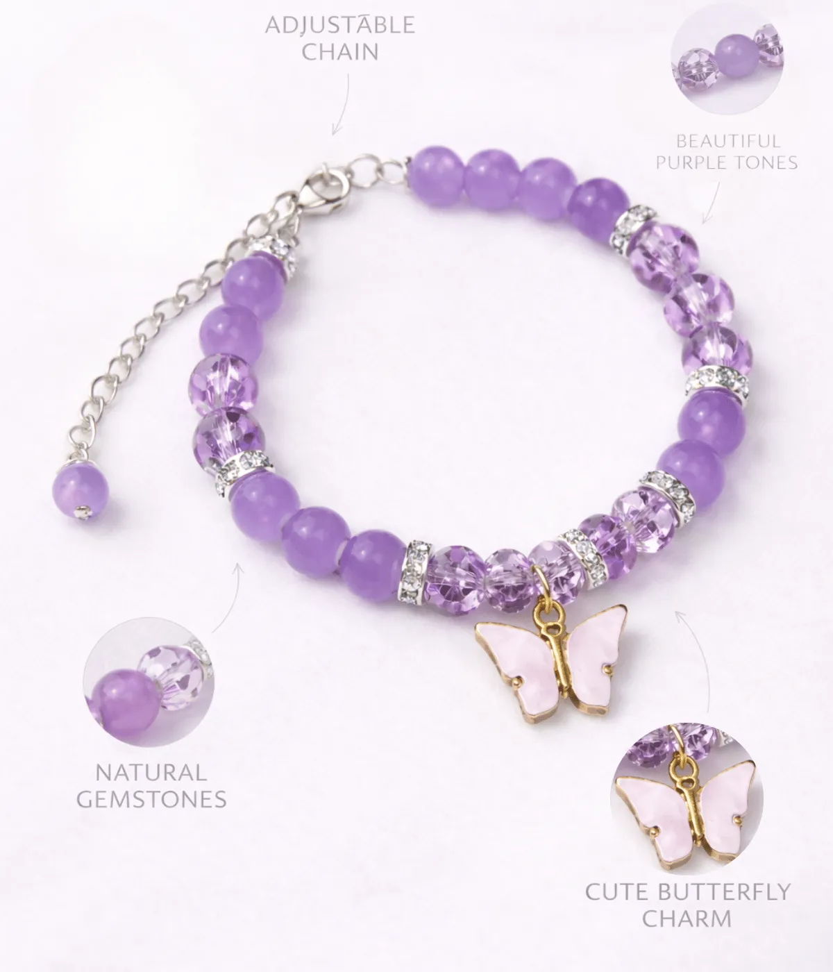 Adjustable chain and butterfly charm detail of purple gemstone bracelet