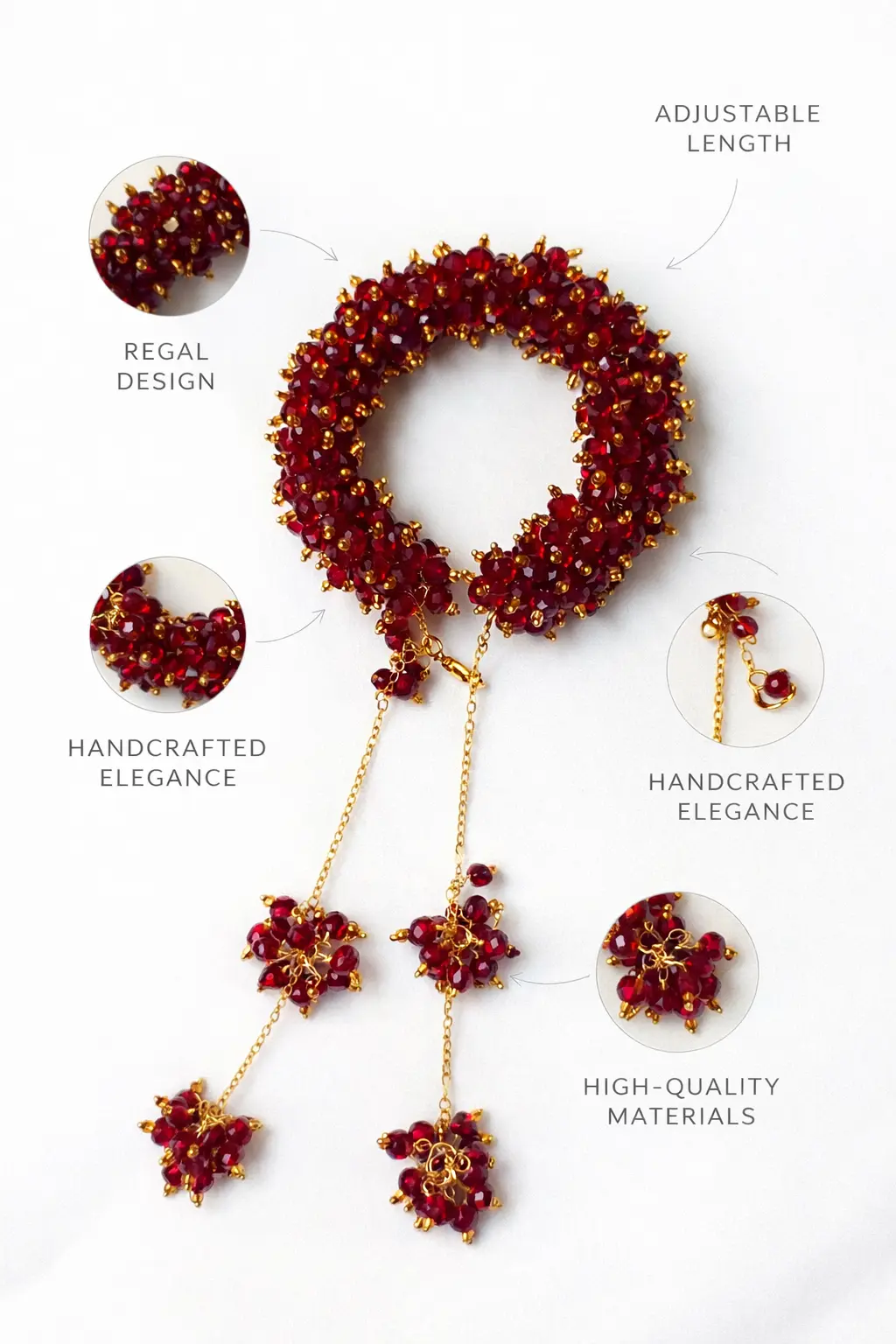 Handmade red crystal gajrah bracelet showing premium beads and adjustable length