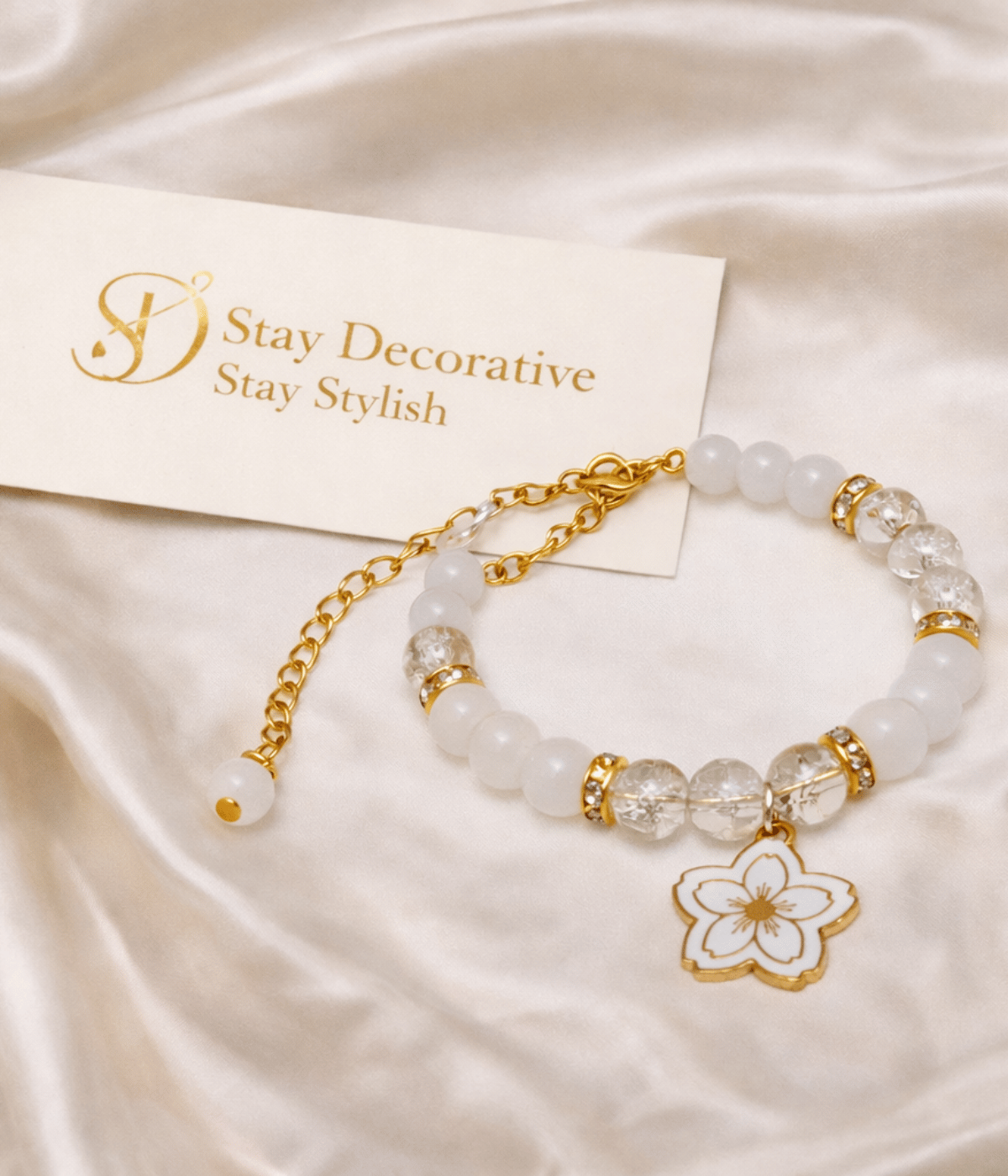 Stay Decorative white beads bracelet with flower charm